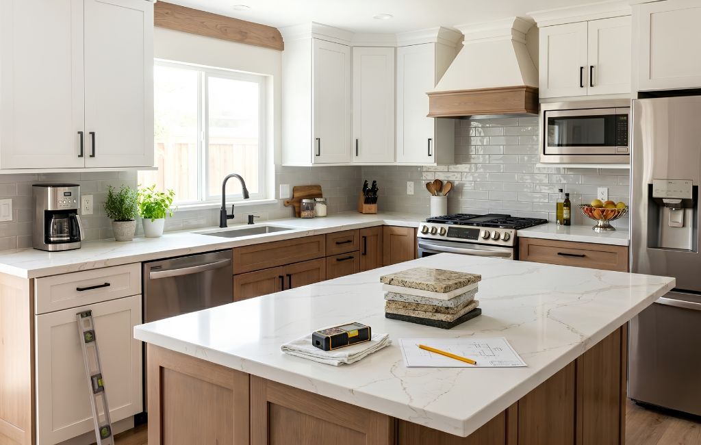 Modern kitchen with quartz countertops and island showcasing Lakewood countertops installation for every home in Lakewood, California.